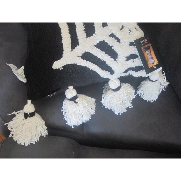 Cynthia Rowley Curious Halloween ~ Chenille ~ Spider Webs Pillow w Tassels B&W - Picture 3 of 10